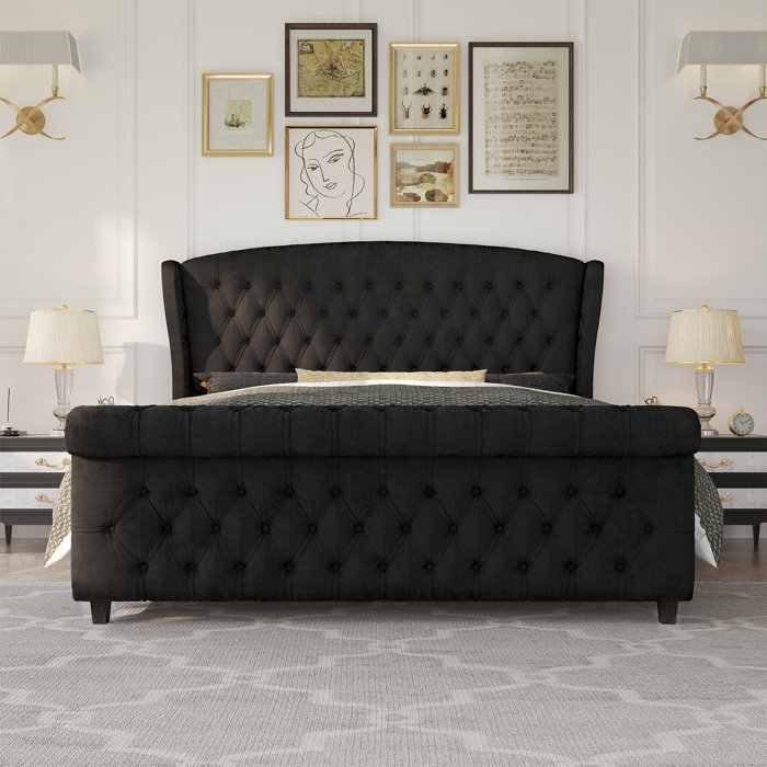 House of Hampton® Fallstich Velvet Upholstered Sleigh Bed with Scroll